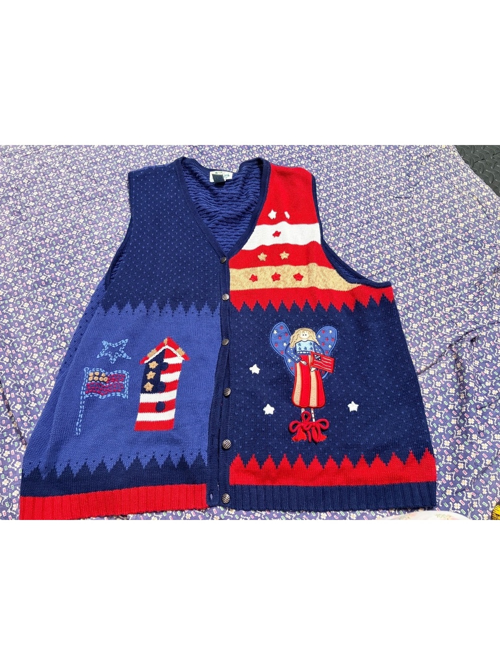 Vintage The Quacker Factory Patriotic Angel & Pinwheel Sweater Vest Size 3X USA